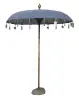  Product image 1 of the product “Bali umbrella, Dark Grey 1 with wooden coins and gold leaves hanging around the edge. Approx. 190cm dia. and 250cm height ”